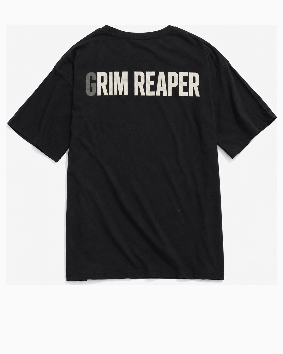 Black t-shirt, back, printed GRIM REAPER in cream across the shoulder blades