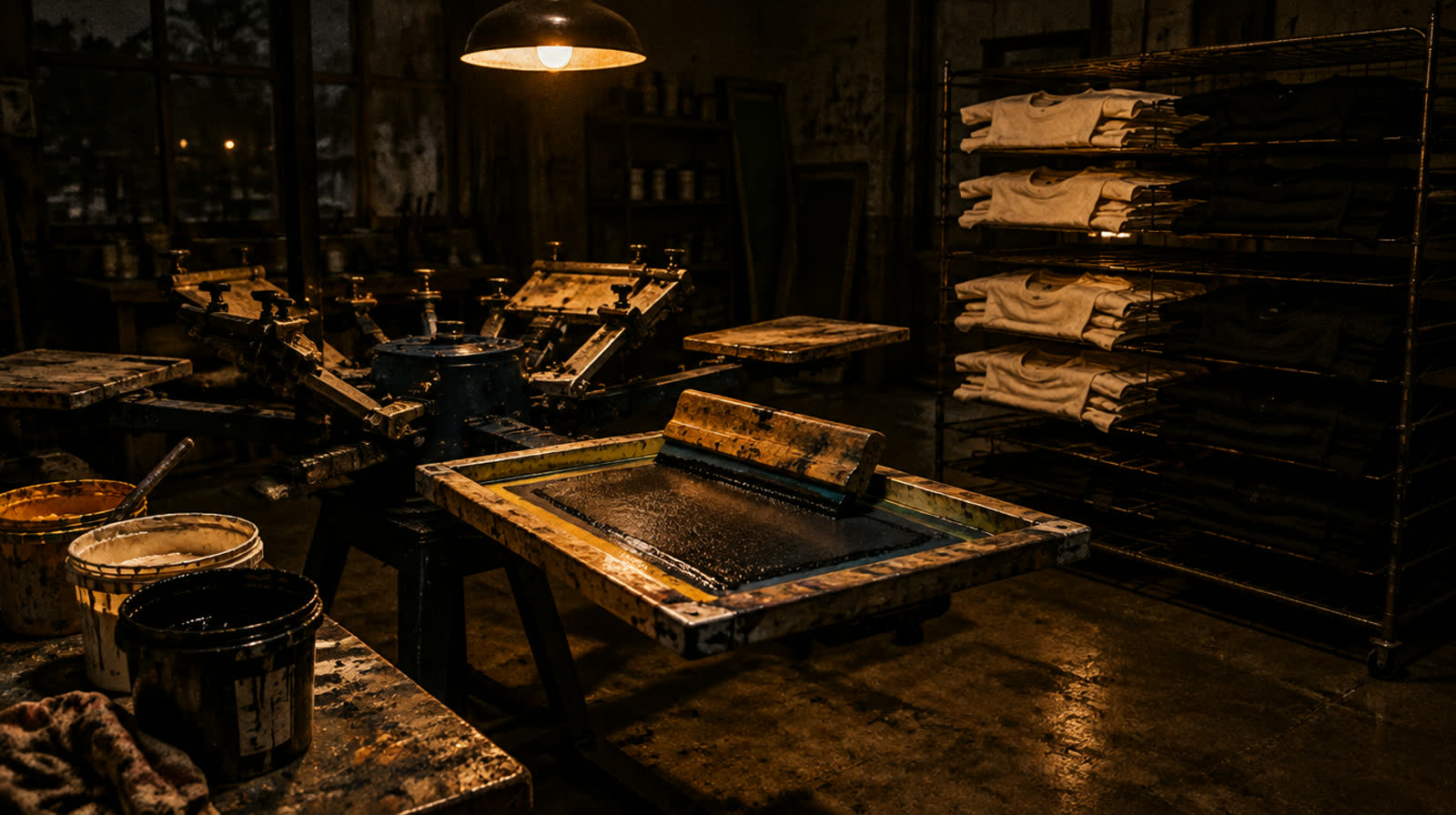 A screen-printing workshop at night, press and squeegees under a work light