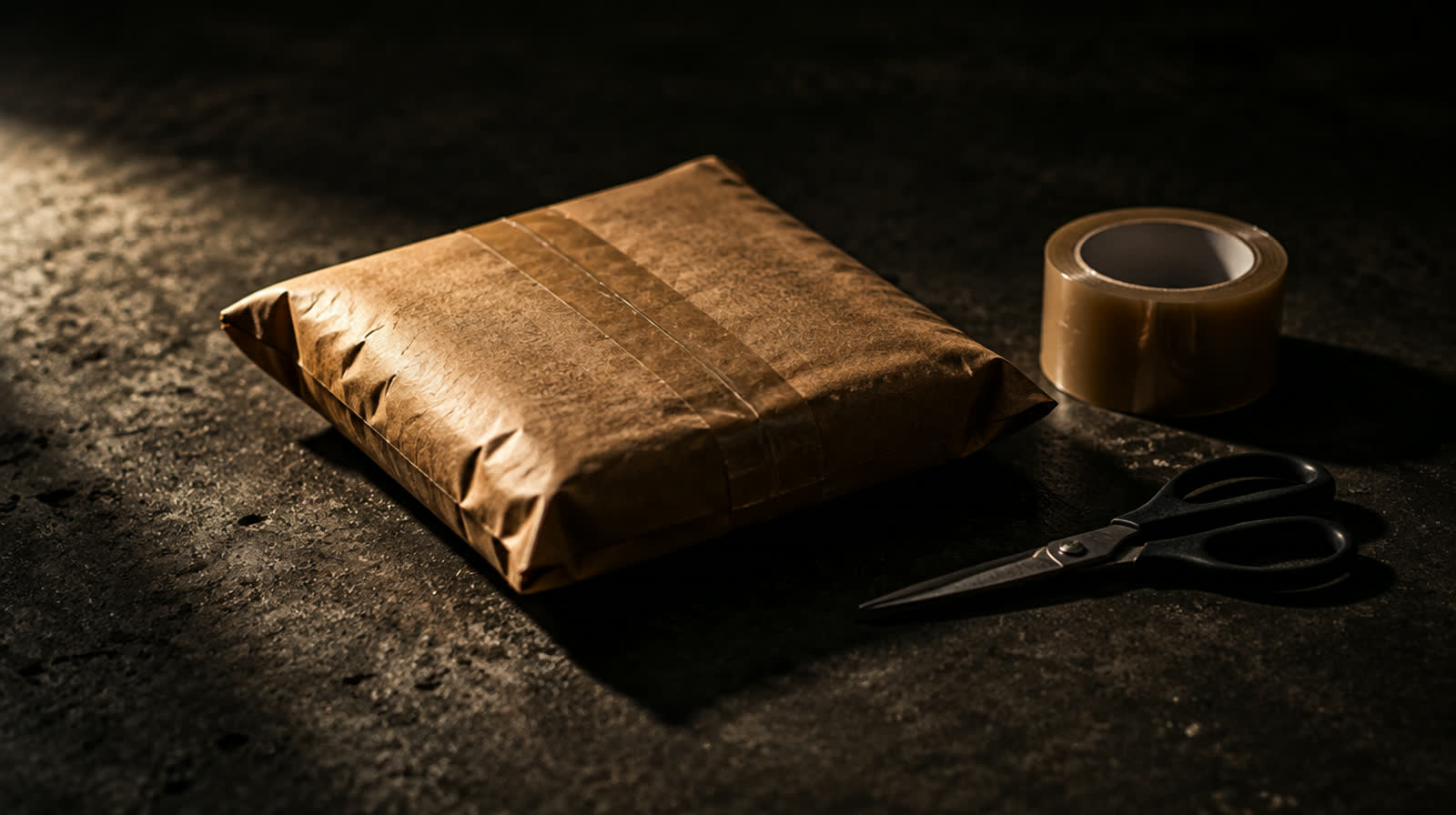 An unbranded kraft parcel taped shut, with scissors and a roll of tape beside it