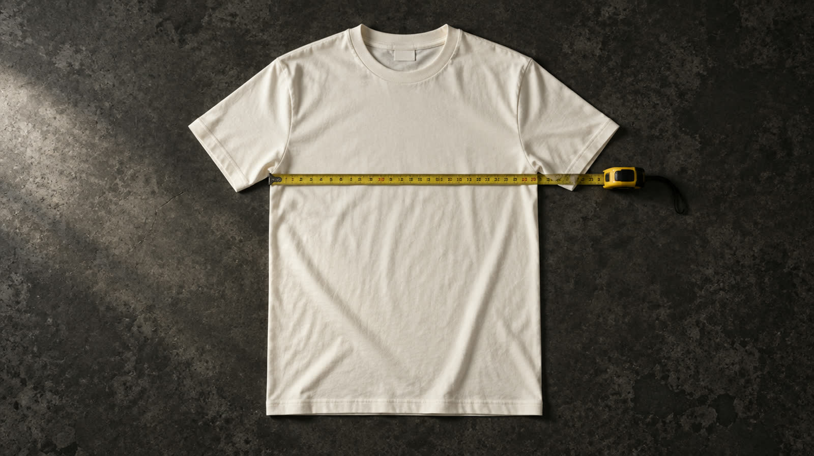 A cream t-shirt laid flat with a tailor’s tape measure across the chest